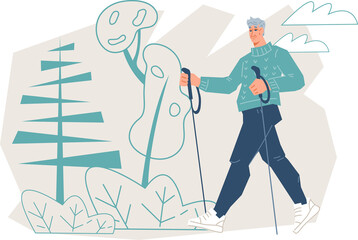 Senior elderly man engaged in Nordic walking. Physical fitness to improve cardiovascular health and longevity. Nordic walking banner backdrop for promotional needs.