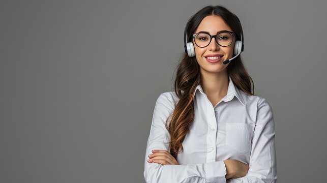 A young friendly operator woman agent with headsets standing near a gray background, conveying a sense of customer service and support with crossed arms