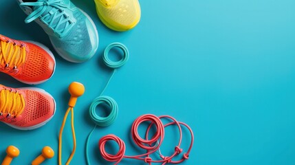 still life of group sports equipment for women and cardiogram of jump rope, on blue background. Fitness and healthy living, wellness concept