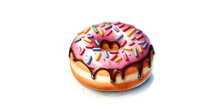 Pink donut with sprinkles and chocolate glaze isolated watercolor painting