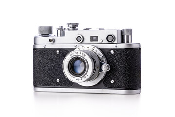 Old camera, retro photography film, vintage photo camera isolated on white background - 725810566