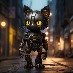 Fototapeta na wymiar Matte Black Robot Cat on the Street