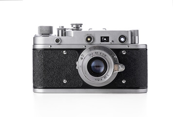 Old film camera, retro photography vintage photo camera isolated on white background - 725810572