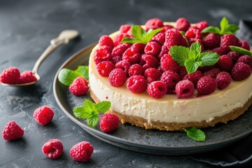 Healthy organic summer dessert pie with fresh raspberries mint and vanilla cheesecake - obrazy, fototapety, plakaty