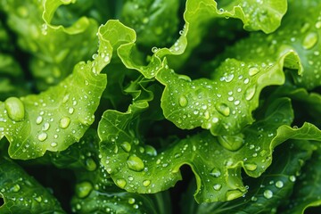 High resolution close up of wet green lettuce leaves in macro view