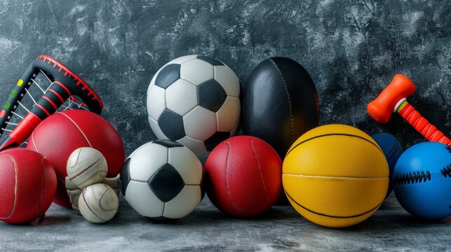Variety Of Sport Balls And Equipment In Front Of Gray Surface