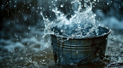 water is coming out of a bucket with holes - obrazy, fototapety, plakaty
