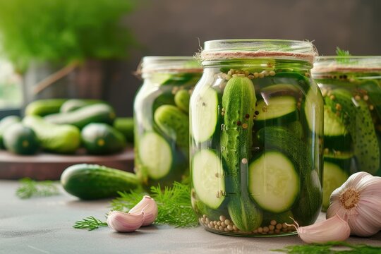 Ingredients for pickling cucumbers cucumbers dill garlic glass jars