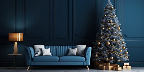 Stylish living room with dark blue walls featuring a Christmas tree near the window.