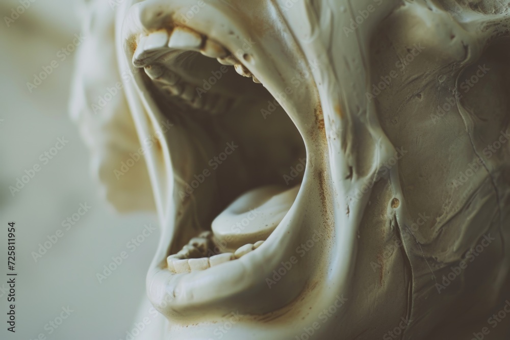Aufkleber A close-up view of a statue with its mouth open. Perfect for adding a touch of mystery and intrigue to any project