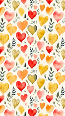 Colorful Watercolor Hearts and Leaves Pattern