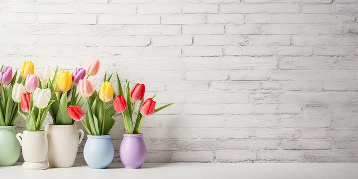 Easter-themed decorations in a home interior, featuring tulips, pastel eggs, and a white brick wall background with room for additional content.