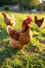 A close-up photo of a hen in a summer meadow. Serene hen enjoying a peaceful day in nature.