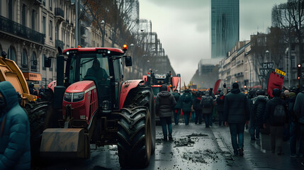 Fototapeta premium a blockade and demonstration of peasants or farmers who are protesting with their tractors on a street in city,