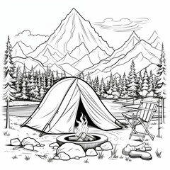 Active recreation in the forest. Camping, forest, mountains and campfire tent. Children coloring book. Generated with AI