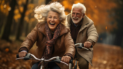 Happy Activity for Old Man and Woman Riding on the Bikes. Generative AI. - obrazy, fototapety, plakaty