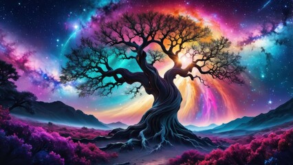 Fototapeta na wymiar Ancient tree spreading its branches in front of a colorful cosmic sky filled with nebula and constellation of stars, fantasy landscape, abstract background in spiral composition. generative, ai.