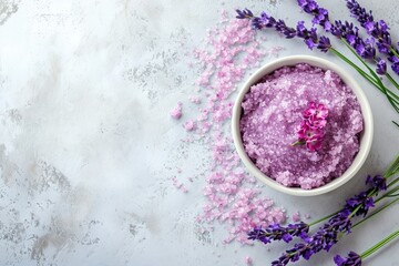 Obraz na płótnie Canvas Spa set with natural lavender scrub on a white texture background for body care including sugar peeling scrub with argan oil and Himalayan salt