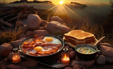 Sunrise Mountain Breakfast with Eggs, Bacon, and Toast