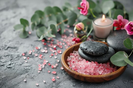 Spa concept Spa items on a grey background including mud salt stones leaf branch flowers and candle - Powered by Adobe