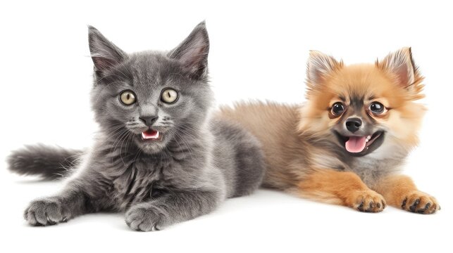 A funny gray kitten and smiling dog on a white background, showcasing a delightful and entertaining scene of pet companionship between a lovely fluffy cat and a Pomeranian Spitz puppy
