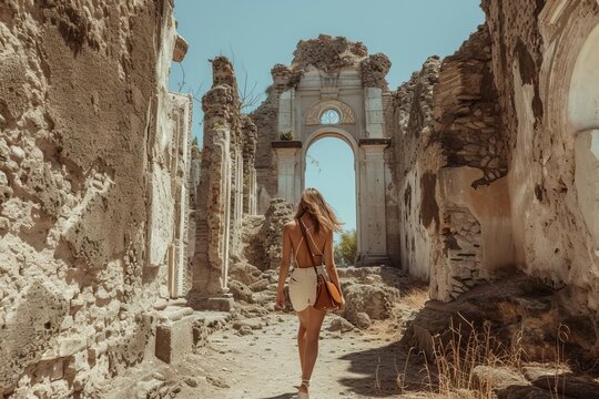 Nomadic model exploring ancient ruins Embodying the spirit of adventure and historical discovery