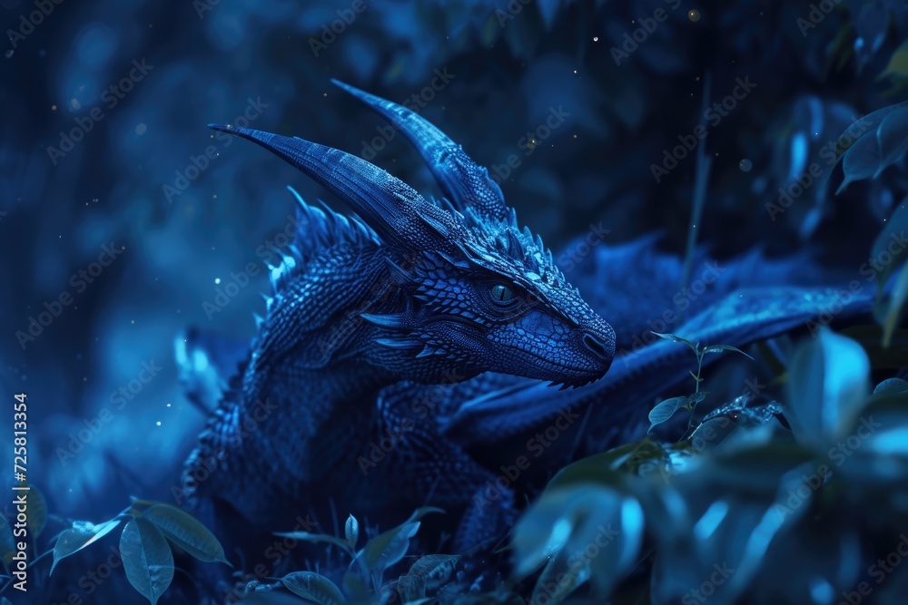 Poster A close-up view of a dragon in a forest. This image can be used to add a touch of fantasy and mystery to various creative projects
