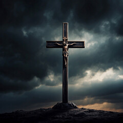 Good Friday concept solemn Christian cross stands against a darkened sky