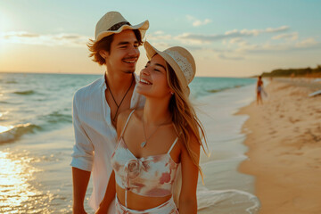 Foto de una pareja feliz disfrutando dia de sol en la playa. Generativa IA