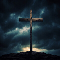 Good Friday concept solemn Christian cross stands against a darkened sky