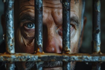 A close-up view of a man's face seen through prison bars. This image can be used to depict themes of incarceration, criminal justice, or confinement