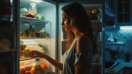 A woman standing in front of an open refrigerator. Suitable for illustrating healthy eating habits...
