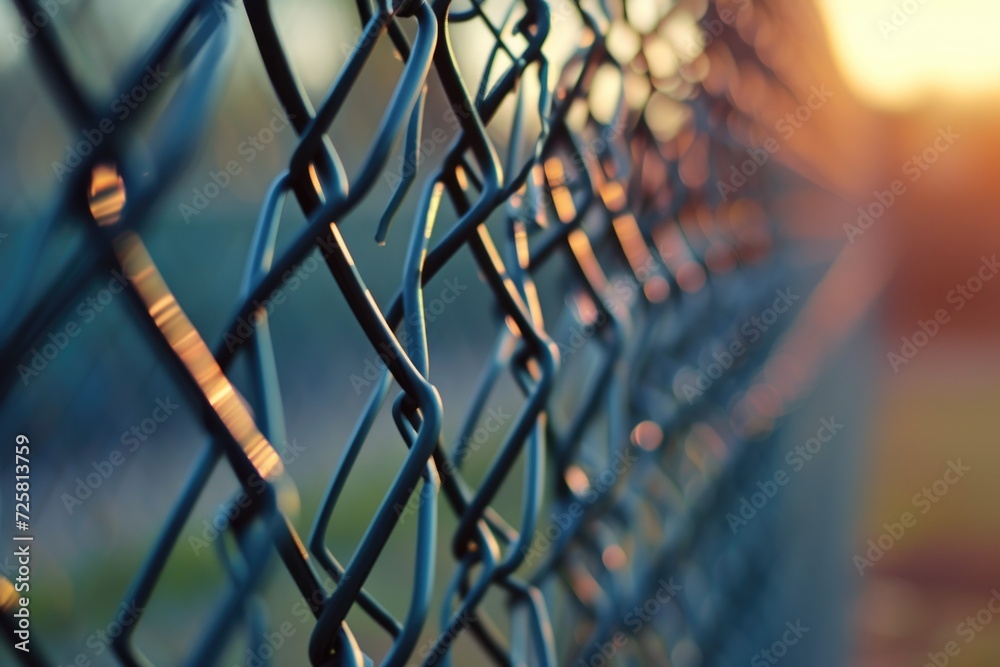 Poster a detailed view of a chain link fence. this image can be used to represent security, boundaries, or 