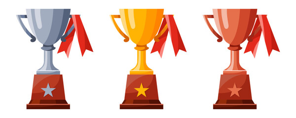 Set of cups with ribbons. Winners cups, awards. Champions trophy, winning goblets. Prize reward icons. Shiny champion's cups for championships. Symbols of victory in a sporting event, competition