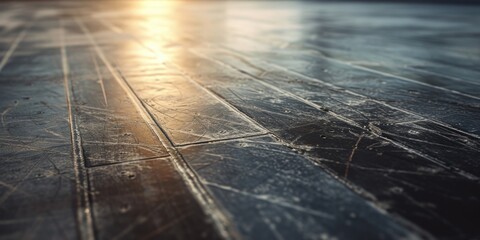 A close up of a wooden floor with a beautiful sunset in the background. Perfect for adding warmth and natural elements to any design or project - obrazy, fototapety, plakaty