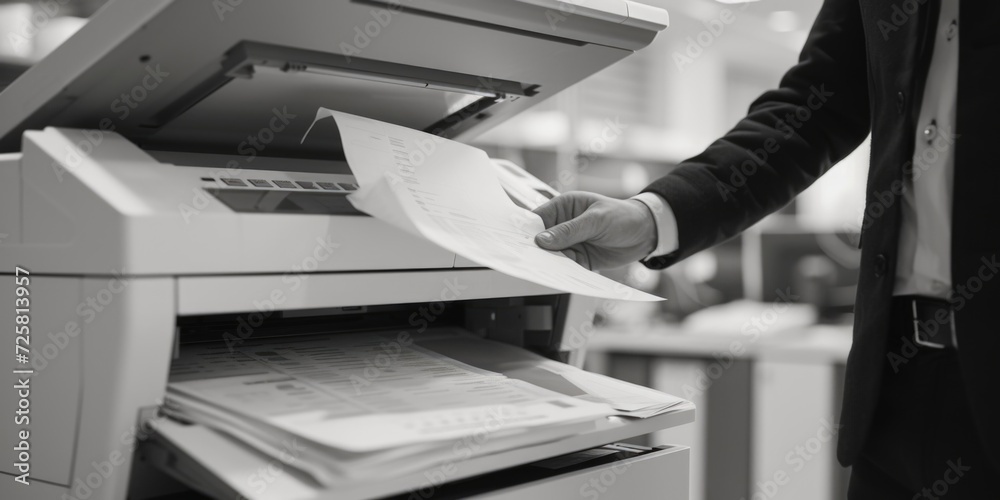 Poster a man holding a piece of paper in front of a printer. this image can be used to depict office work, 