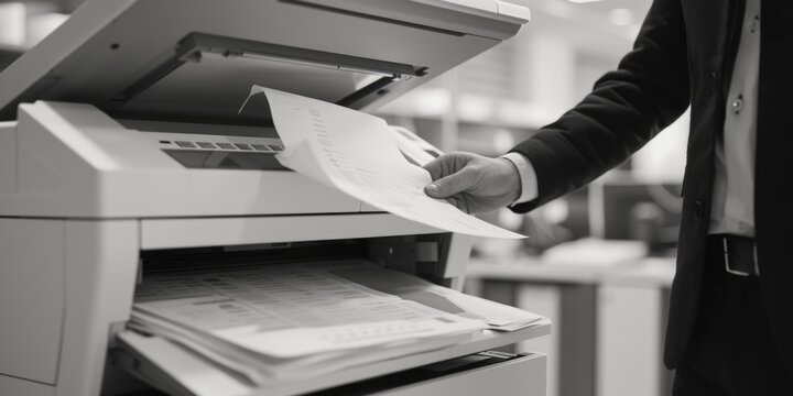 A man holding a piece of paper in front of a printer. This image can be used to depict office work, printing documents, or troubleshooting printer issues