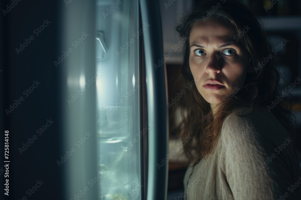 Poster a woman looking directly at the camera while searching inside a refrigerator. suitable for food and 