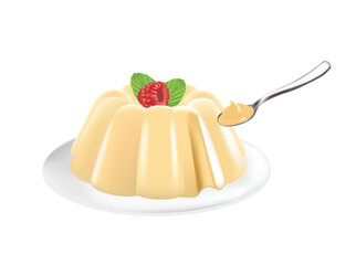 Vanilla pudding with raspberry in plate. vector