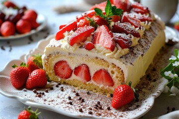 Swiss roll cake made at home with strawberries