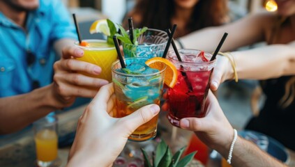 Friends toasting with colorful cocktails