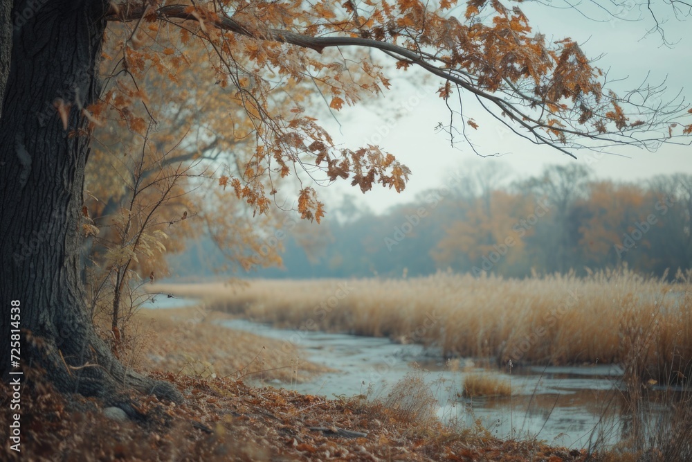 Poster A picturesque scene of a stream running through a field next to a tree. Suitable for nature or landscape themes