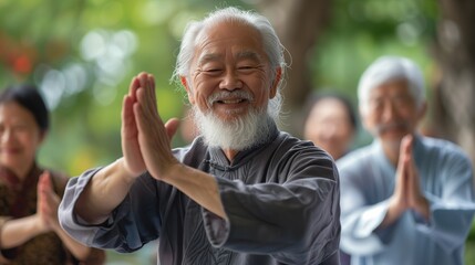 Senior Asian man with a beard smiling while practicing Tai Chi in a group setting outdoors