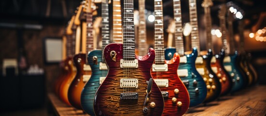 electric guitars in a row hanging in a modern musical shop - obrazy, fototapety, plakaty