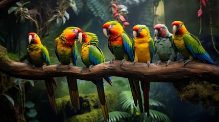 Tischdecke Tropical birds, colorful parrots sitting on a tree branch in a green forest. Birds, Wildlife concepts. © liliyabatyrova