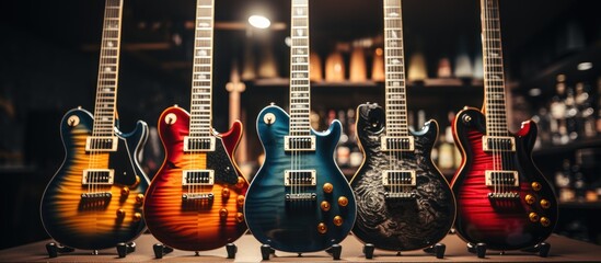 electric guitars in a row hanging in a modern musical shop