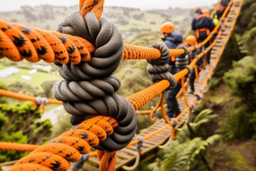 An adventure rope course with people navigating obstacles, illustrating teamwork and outdoor challenge.