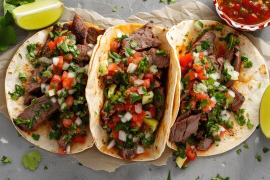 Three Mexican street tacos with lime filled with carne asada and made with corn tortillas