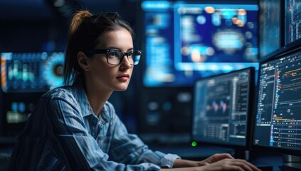 Woman analyzing data on multiple computer screens in dark office