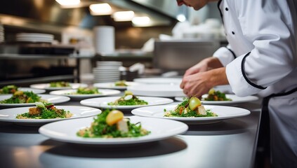 Chef meticulously garnishing dishes in professional kitchen